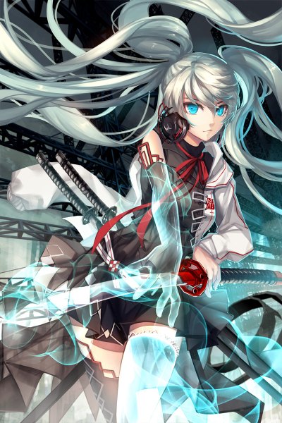 Anime picture 800x1200 with original skade single tall image looking at viewer fringe blue eyes hair between eyes twintails holding silver hair long sleeves very long hair light smile open clothes zettai ryouiki outstretched arm walking sheathed transparent
