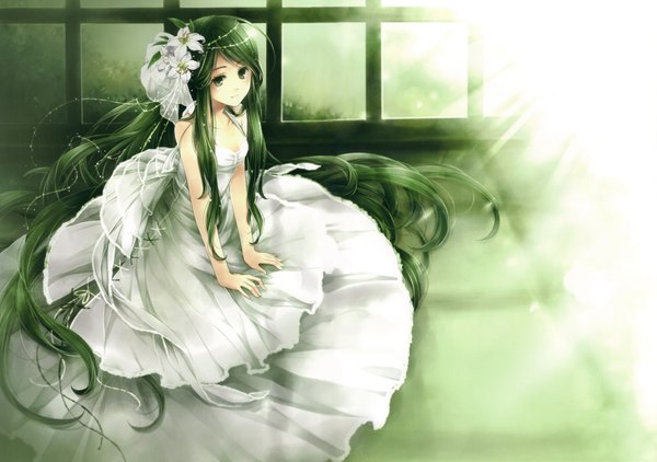 Anime picture 2086x1468 with original hagiwara rin single highres sitting green eyes very long hair hair flower green hair girl dress hair ornament white dress