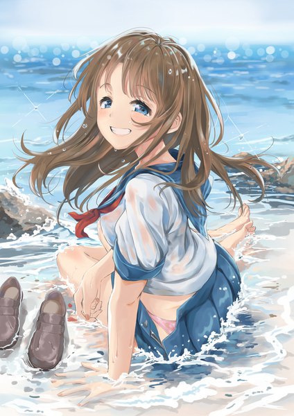 Anime picture 2897x4096 with original timo wei95 single long hair tall image looking at viewer blush fringe highres breasts blue eyes light erotic smile brown hair sitting outdoors nail polish pleated skirt looking back barefoot