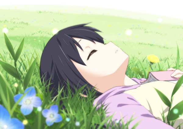 Anime picture 1433x1012 with k-on! kyoto animation nakano azusa errant single long hair black hair lying eyes closed sleeping girl flower (flowers) plant (plants) grass