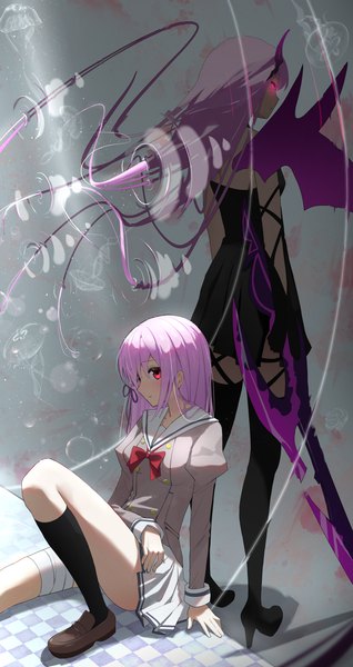 Anime picture 2370x4468 with engage kiss a-1 pictures kisara (engage kiss) hidulume long hair tall image looking at viewer highres red eyes standing sitting multiple girls holding looking away pink hair full body bent knee (knees) long sleeves profile pleated skirt