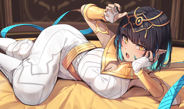 Anime picture 3080x1819 with maplestory khali (maplestory) ddangbi single looking at viewer blush fringe highres short hair breasts open mouth black hair wide image large breasts yellow eyes cleavage bent knee (knees) indoors lying blunt bangs
