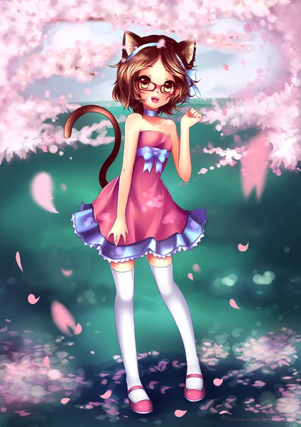 Anime picture 744x1052 with original hyanna-natsu single tall image looking at viewer blush short hair open mouth simple background smile brown hair standing bare shoulders brown eyes signed animal ears full body tail animal tail cat ears