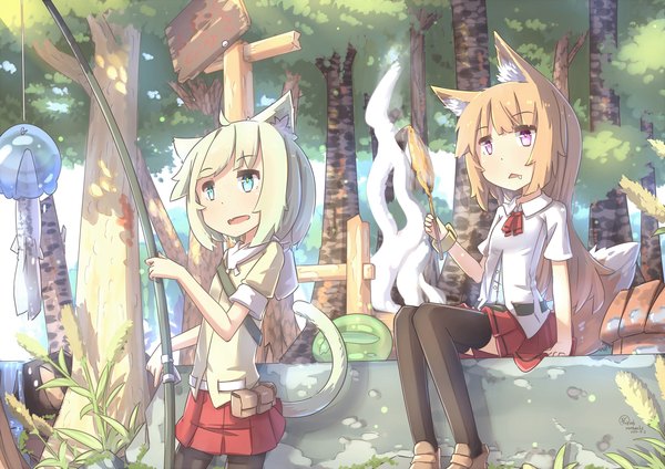 Anime picture 3508x2480 with original hinbackc long hair fringe highres short hair open mouth blue eyes blonde hair standing sitting purple eyes multiple girls holding signed animal ears looking away absurdres outdoors tail