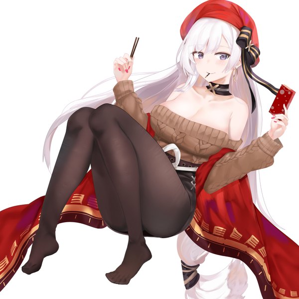 Anime picture 3600x3600 with azur lane belfast (azur lane) belfast (shopping with the head maid) (azur lane) ru zhai single long hair looking at viewer blush fringe highres breasts light erotic simple background smile large breasts white background purple eyes bare shoulders holding absurdres
