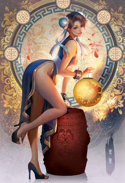 Anime picture 975x1425 with street fighter capcom chun-li jiuge single tall image looking at viewer fringe short hair breasts light erotic smile brown hair standing bare shoulders holding brown eyes signed full body bent knee (knees)