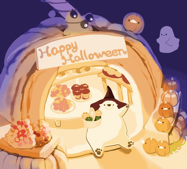 Anime picture 1000x900 with original chai (artist) looking at viewer sitting halloween no people ghost happy halloween hat animal food sweets witch hat vegetables pumpkin cupcake polar bear