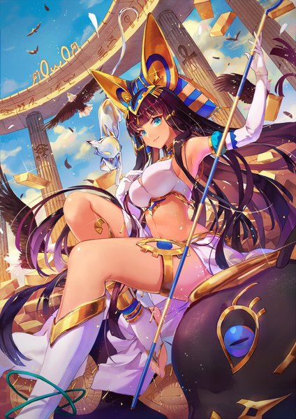 Anime picture 744x1052 with moeoh ex ramesses ii criin single tall image looking at viewer blush fringe breasts black hair smile large breasts sitting bare shoulders sky cloud (clouds) bent knee (knees) blunt bangs very long hair nail polish
