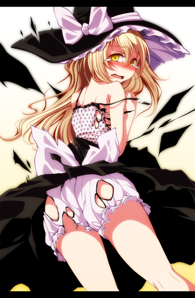 Anime-Bild 982x1500 mit touhou kirisame marisa s-syogo single long hair tall image looking at viewer blush open mouth light erotic blonde hair yellow eyes tears torn clothes witch girl witch hat
