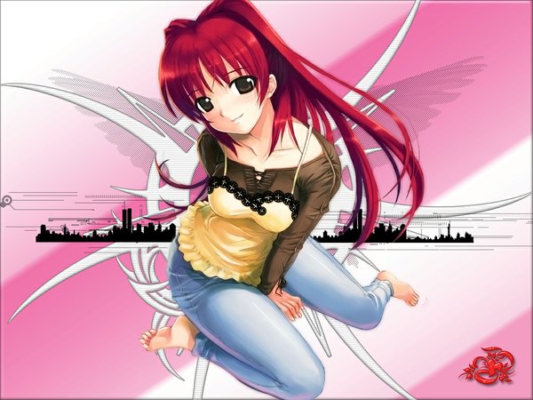 Anime picture 1024x768 with to heart 2 leaf (studio) kousaka tamaki mikazuki akira single long hair looking at viewer brown eyes red hair barefoot light smile girl jeans blue jeans