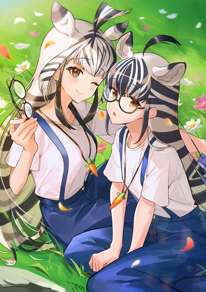 Anime picture 744x1052 with kemono friends kemono friends 3 plains zebra (kemono friends) chapman's zebra (kemono friends) hasumikaoru long hair tall image looking at viewer black hair sitting multiple girls brown eyes animal ears silver hair ahoge outdoors one eye closed multicolored hair two-tone hair alternate costume
