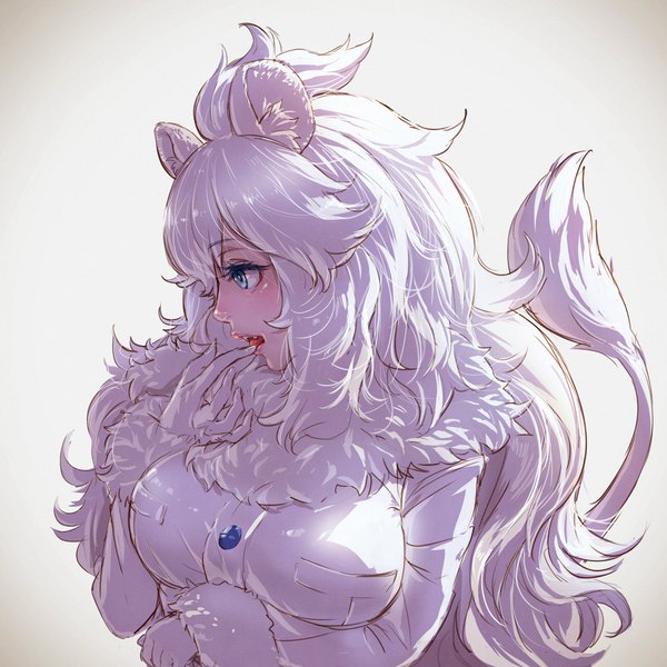 Anime-Bild 1920x1920 mit kemono friends white lion (kemono friends) takami masahiro single long hair blush fringe highres breasts blue eyes simple background animal ears silver hair upper body tail animal tail profile fang (fangs) finger to mouth lion ears
