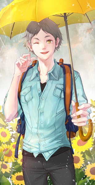 Anime picture 3500x6789 with haikyuu!! production i.g sugawara koushi i-sol-e single tall image looking at viewer highres short hair open mouth smile standing holding yellow eyes absurdres sky outdoors one eye closed grey hair wink