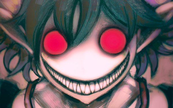 Anime picture 1920x1200 with c: the money of soul and possibility control q (control) cong1991 (artist) single highres short hair smile red eyes wide image pointy ears teeth close-up demon girl sharp teeth crazy girl