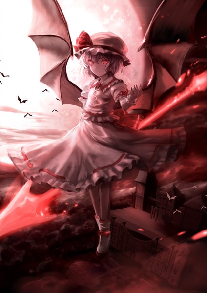 Anime picture 868x1228 with touhou remilia scarlet damin (won) single tall image looking at viewer short hair red eyes blue hair fingernails long fingernails flying bat wings vampire girl skirt weapon animal wings moon