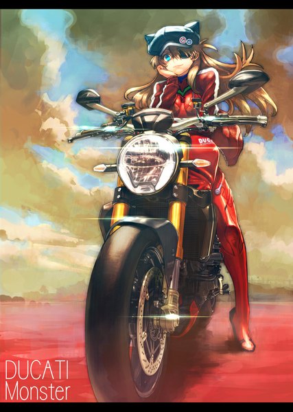 Anime picture 711x1000 with neon genesis evangelion gainax soryu asuka langley boyaking(sbf) single long hair tall image looking at viewer blue eyes sitting sky cloud (clouds) full body orange hair inscription letterboxed chin rest girl jacket bodysuit