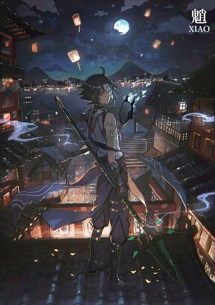 Anime picture 1000x1420 with genshin impact xiao (genshin impact) lococo:p single tall image short hair black hair standing yellow eyes full body ahoge looking back night tattoo character names city glowing mountain forehead mark architecture