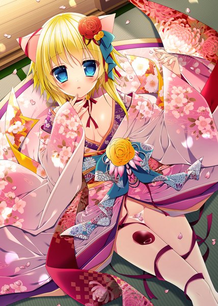 Anime picture 800x1120 with original minatsuki alumi single tall image blush short hair open mouth blue eyes light erotic blonde hair animal ears traditional clothes japanese clothes hair flower cat ears girl hair ornament flower (flowers) ribbon (ribbons) petals