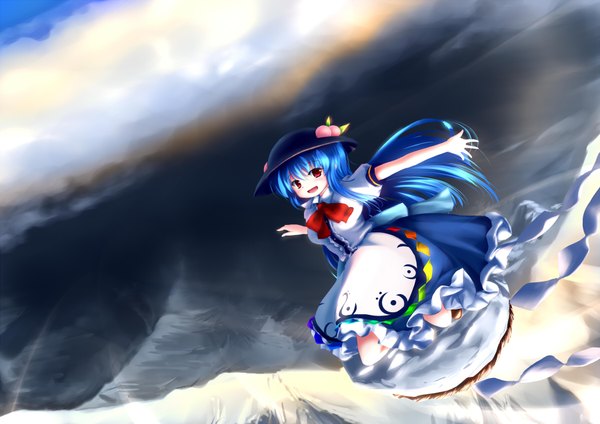Anime picture 1800x1274 with touhou hinanawi tenshi abchipika single long hair blush highres open mouth red eyes blue hair mountain flying girl dress hat