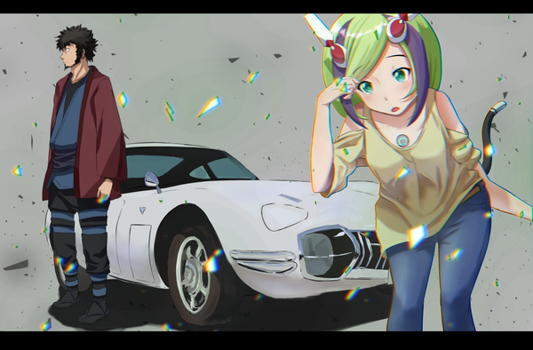 Anime picture 1917x1260 with dimension w yurizaki mira mabuchi kyouma couai blush highres short hair black hair standing payot looking away purple hair tail parted lips profile multicolored hair aqua eyes green hair two-tone hair :o