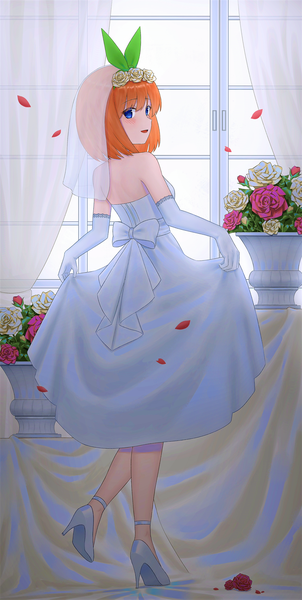 Anime picture 1966x3908 with go-toubun no hanayome nakano yotsuba yihsien single tall image looking at viewer blush fringe highres short hair open mouth blue eyes smile standing bare shoulders full body indoors :d hair flower orange hair