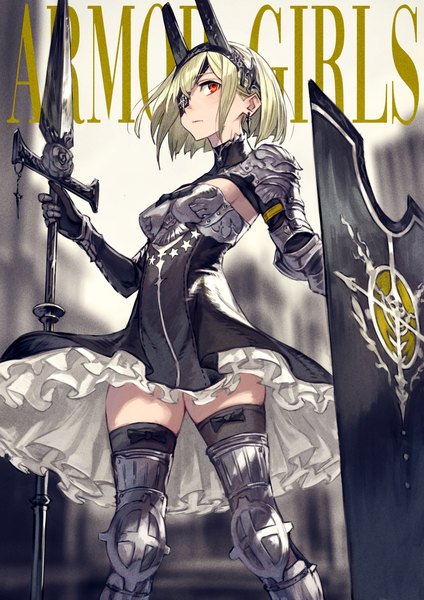 Anime-Bild 1768x2500 mit original kusano shinta single tall image looking at viewer fringe highres short hair blonde hair red eyes standing holding text frilled dress english girl dress weapon earrings boots