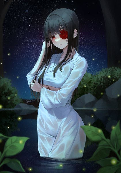 Anime picture 2000x2860 with original ame 816 single long hair tall image blush fringe highres light erotic black hair red eyes standing looking away outdoors blunt bangs traditional clothes japanese clothes arm up blurry inscription