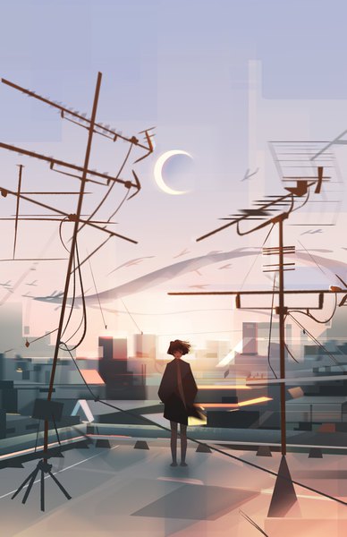 Anime picture 2500x3864 with original jenny yu single tall image highres short hair brown hair standing sky full body city cityscape fantasy hands in pockets crescent girl moon wire (wires) dragon roof