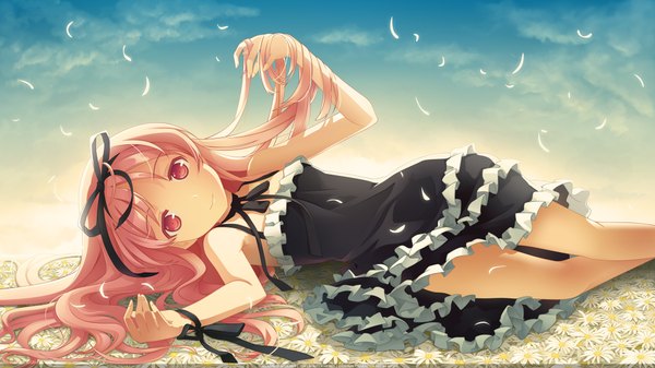 Anime picture 1920x1080 with garden (galge) cuffs (studio) himemiya ruri h2so4 single long hair looking at viewer highres smile wide image bare shoulders pink hair sky cloud (clouds) lying pink eyes wallpaper turning head on side girl