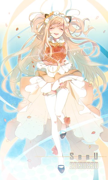 Anime picture 600x1002 with vocaloid seeu tyuh (pixiv) single long hair tall image blush open mouth blonde hair animal ears eyes closed cat ears two side up happy ^ ^ girl thighhighs dress flower (flowers) petals