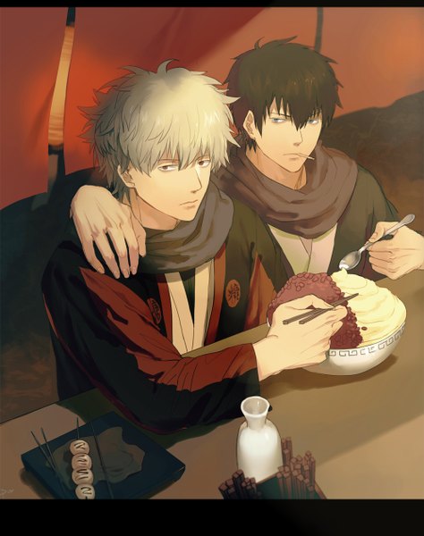 Anime picture 1000x1265 with gintama sunrise (studio) sakata gintoki hijikata toshiro par tall image looking at viewer fringe short hair blue eyes blonde hair red eyes brown hair sitting holding traditional clothes japanese clothes multiple boys mouth hold smoking