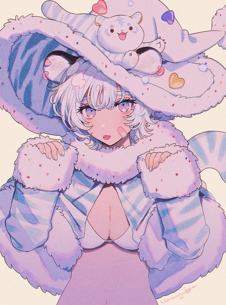 Anime picture 1153x1556 with original unagi miyako single tall image looking at viewer short hair breasts light erotic purple eyes animal ears upper body white hair tail long sleeves nail polish animal tail fur trim sleeves past wrists bandaid on face tiger ears