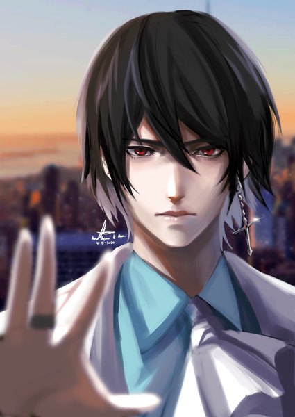 Anime picture 1452x2048 with noblesse cadis etrama di raizel fishheadakira single tall image looking at viewer fringe short hair black hair hair between eyes red eyes signed upper body outdoors blurry outstretched arm city cityscape boy shirt