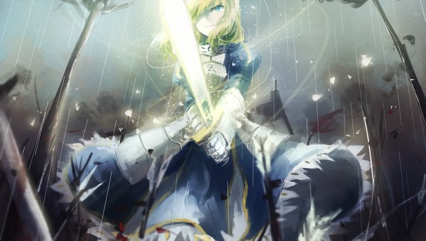 Anime picture 1800x1020 with fate (series) fate/stay night type-moon artoria pendragon (all) saber domik single fringe highres short hair blonde hair wide image holding aqua eyes wind hair over one eye glowing weapon girl weapon sword