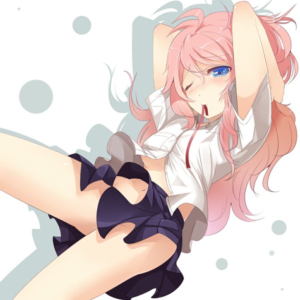 Anime picture 1000x1000 with original sts single long hair blue eyes light erotic pink hair ahoge one eye closed wink mouth hold convenient censoring girl skirt navel uniform school uniform miniskirt shirt