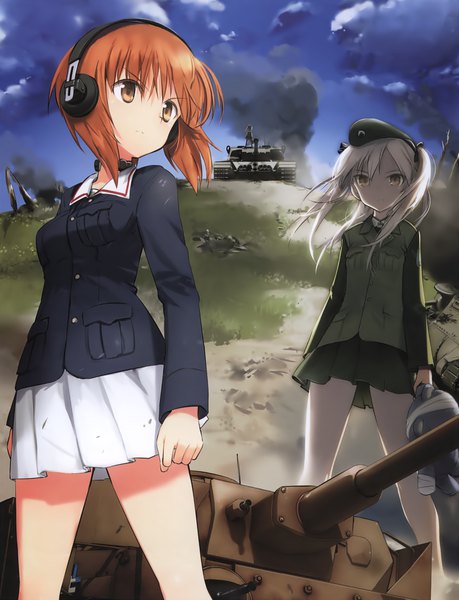 Anime picture 3063x3998 with girls und panzer nishizumi miho shimada arisu boko (girls und panzer) shimada fumikane long hair tall image highres short hair brown hair twintails multiple girls looking away absurdres sky outdoors long sleeves pleated skirt wind grey hair