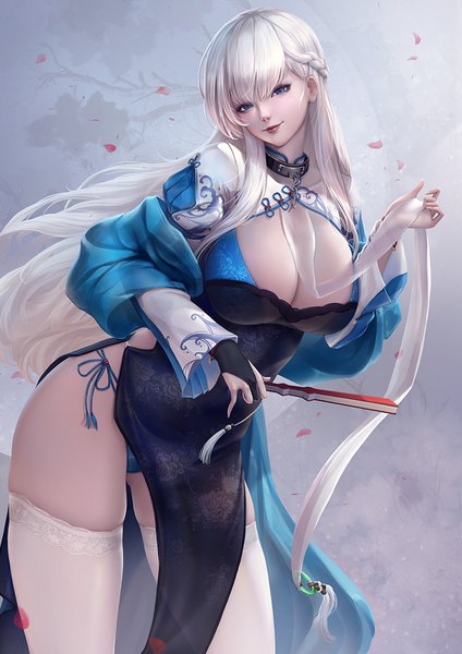 Anime picture 764x1080 with azur lane belfast (azur lane) belfast (iridescent rose) (azur lane) azhang single long hair tall image looking at viewer fringe breasts blue eyes light erotic smile hair between eyes large breasts standing holding white hair braid (braids) traditional clothes