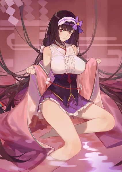 Anime picture 1240x1753 with fate (series) fate/grand order osakabe-hime (fate/grand order) red cucumber single tall image looking at viewer blush fringe breasts black hair red eyes sitting twintails bare shoulders bent knee (knees) very long hair pleated skirt barefoot bare legs