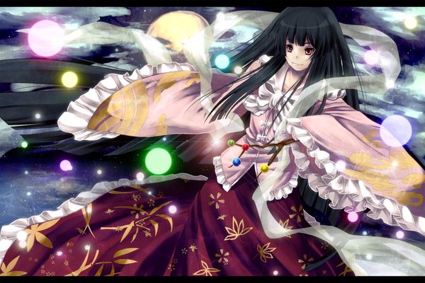 Anime picture 1800x1200 with touhou houraisan kaguya untue single long hair highres black hair red eyes cloud (clouds) night girl dress moon shawl