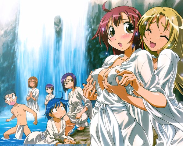 Anime picture 1280x1024 with amaenaideyo nanbu chitose haruka amanogawa sumi ikuina hinata sugai sakura sugai yuko atouda ikkou satonaka blush light erotic japanese clothes breast grab water