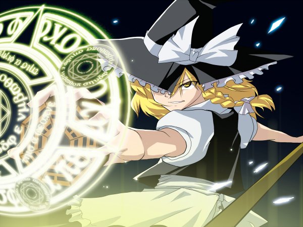 Anime picture 1200x900 with touhou kirisame marisa kasukazu single blonde hair yellow eyes magic girl ribbon (ribbons) hat witch hat magic circle mini-hakkero