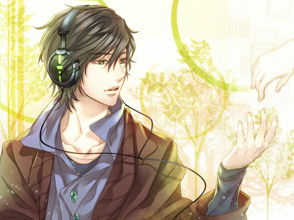 Anime picture 1000x749 with nico nico singer nico nico douga waiatto single short hair open mouth black hair green eyes open collar boy plant (plants) headphones wire (wires) hand