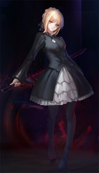 Anime picture 600x1047 with fate (series) fate/stay night type-moon artoria pendragon (all) saber alter yueyue single tall image fringe breasts blonde hair holding yellow eyes dark background walking girl dress ribbon (ribbons) weapon hair ribbon