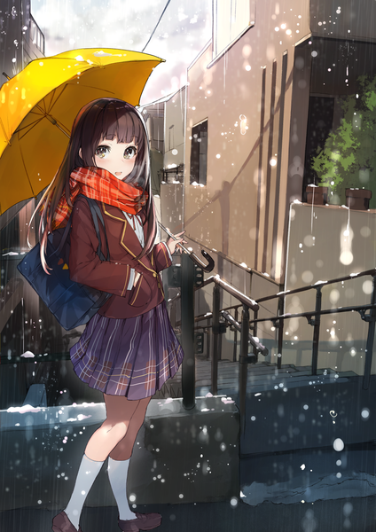 Anime picture 919x1300 with original mika pikazo single long hair tall image looking at viewer blush fringe open mouth smile brown hair holding brown eyes outdoors :d pleated skirt sunlight snowing winter snow