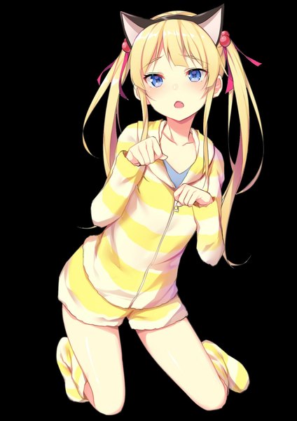 Anime picture 1415x2000 with anitore! ex anitore! xx higuchi eri alexmaster single long hair tall image looking at viewer blush fringe open mouth blue eyes simple background blonde hair twintails animal ears payot full body cat ears fang (fangs)