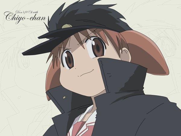 Anime picture 1600x1200 with azumanga daioh j.c. staff mihama chiyo single looking at viewer fringe short hair smile brown hair brown eyes upper body open collar frown >:) girl