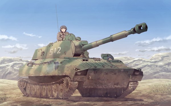 Anime picture 1200x744 with original earasensha wide image sky cloud (clouds) mountain military boy weapon gun ground vehicle tank caterpillar tracks