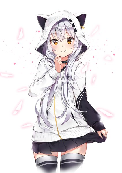 Anime picture 1200x1700 with virtual youtuber azuma lim channel azuma lim kuran (yourcatissick) single long hair tall image looking at viewer blush fringe simple background smile hair between eyes standing white background yellow eyes payot silver hair long sleeves pleated skirt