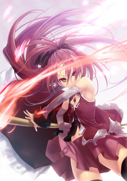 Anime picture 1000x1426 with mahou shoujo madoka magica shaft (studio) sakura kyouko nilitsu single long hair tall image red eyes ponytail red hair girl thighhighs dress skirt weapon black thighhighs detached sleeves miniskirt