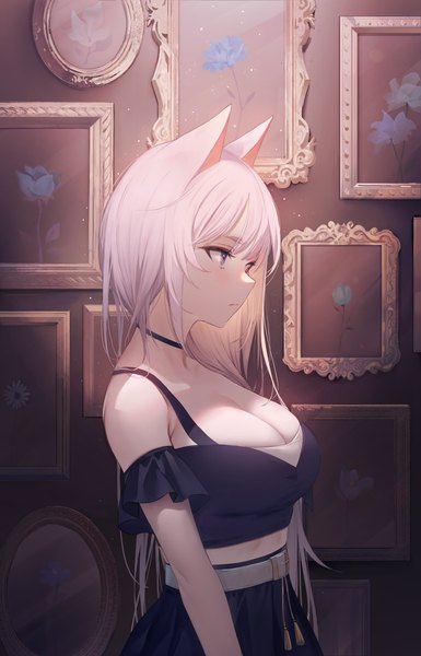 Anime picture 2903x4528 with original emyo single long hair tall image fringe highres breasts large breasts standing purple eyes animal ears looking away cleavage silver hair profile cat ears cat girl girl flower (flowers)
